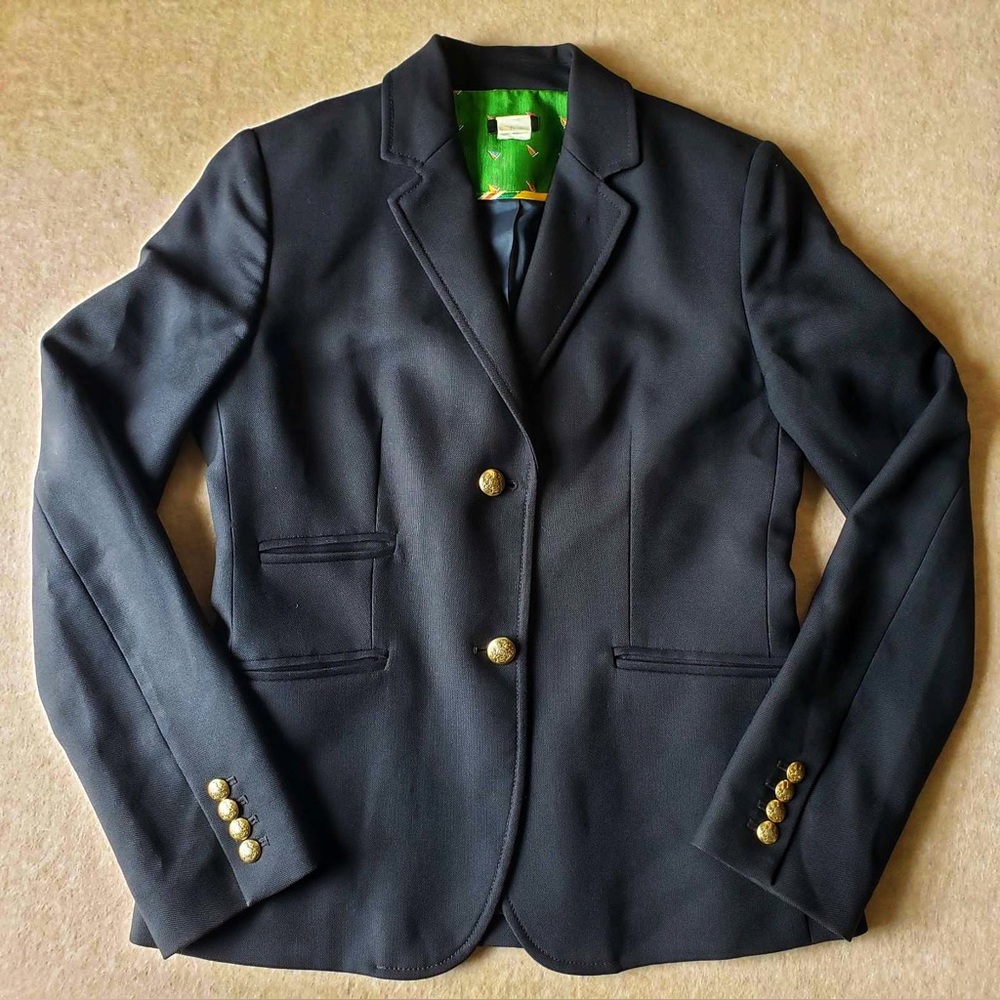 J Crew Blazer Womens 4 Black Two Button Front Gold Preppy Business Casual